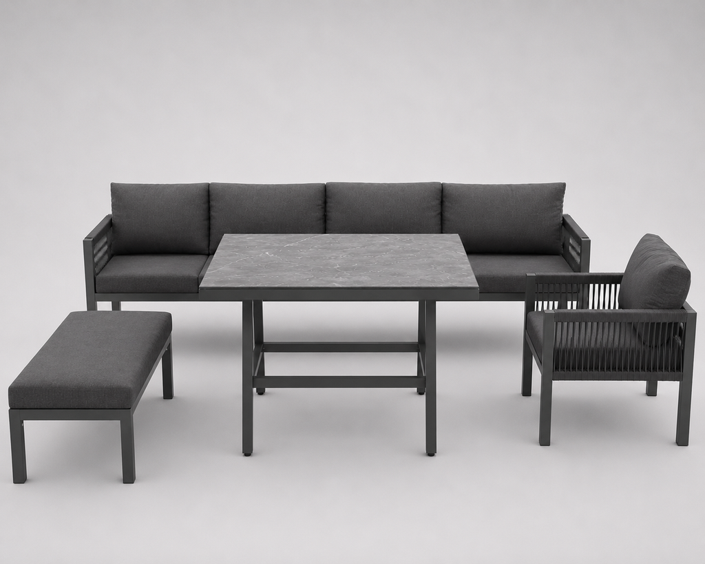 Panorama | Salon de jardin en L pour 8 personnes, coussins gris