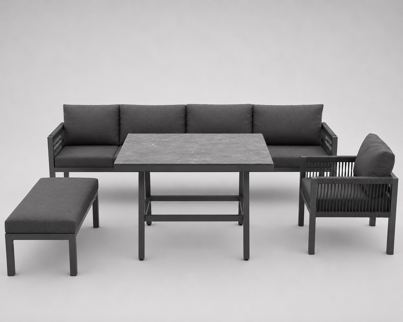 Panorama | Salon de jardin en L pour 8 personnes, coussins gris