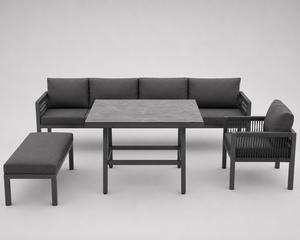 Panorama - Salon de jardin en L, 8 places, coussins gris (rendu)