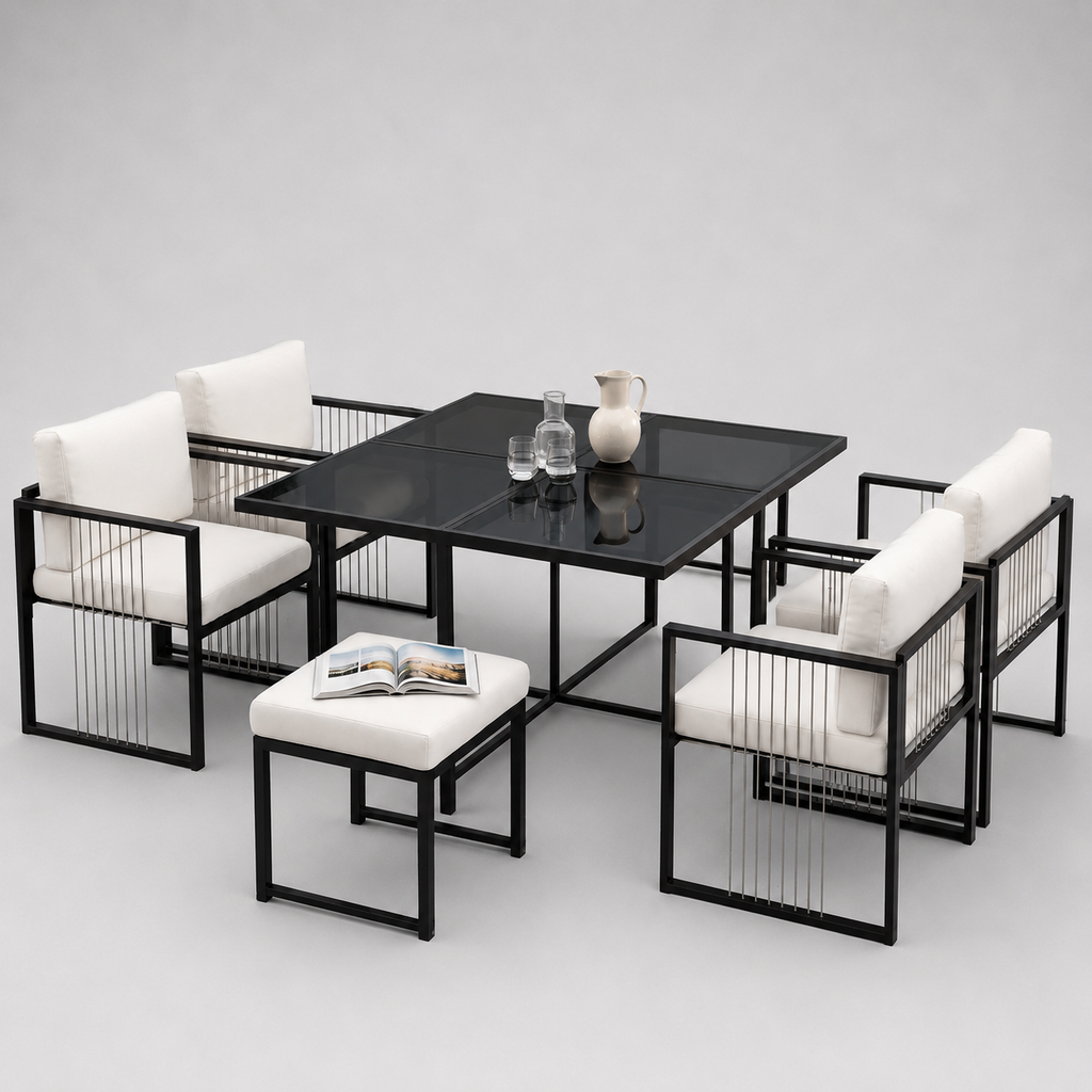 Séville | Ensemble repas 7 pièces, 4 fauteuils cordés et 2 poufs, table verre trempé
