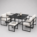 Séville | Ensemble repas 7 pièces, 4 fauteuils cordés et 2 poufs, table verre trempé
