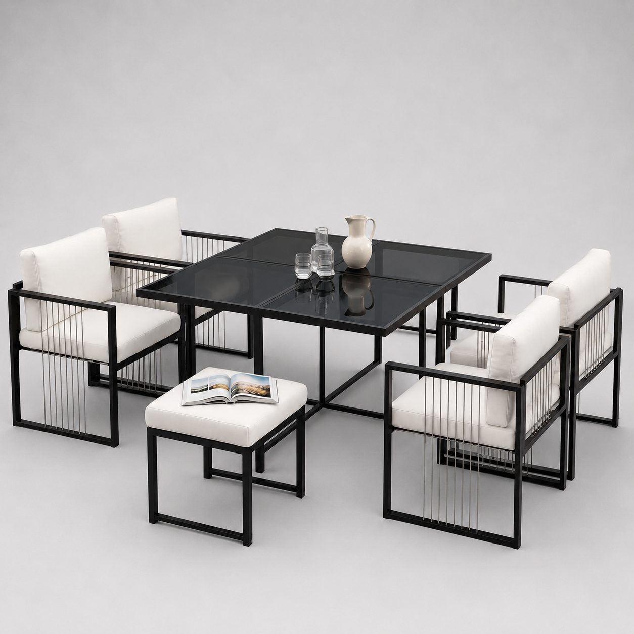 Séville | Ensemble repas 7 pièces, 4 fauteuils cordés et 2 poufs, table verre trempé