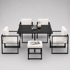 Séville | Ensemble repas 7 pièces, 4 fauteuils cordés et 2 poufs, table verre trempé