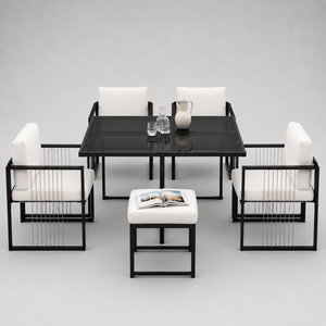Séville | Ensemble repas 7 pièces, 4 fauteuils cordés et 2 poufs, table verre trempé