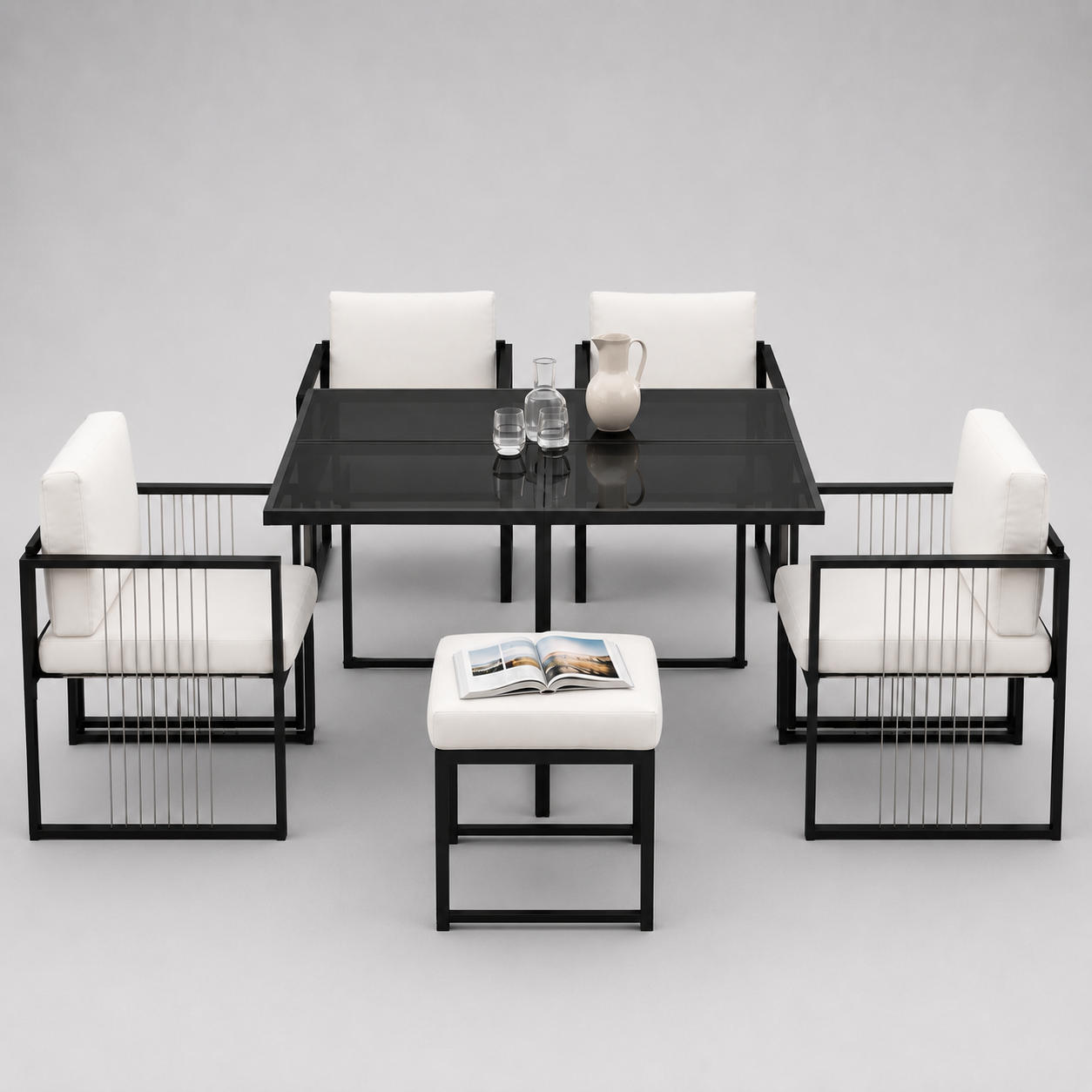 Séville | Ensemble repas 7 pièces, 4 fauteuils cordés et 2 poufs, table verre trempé