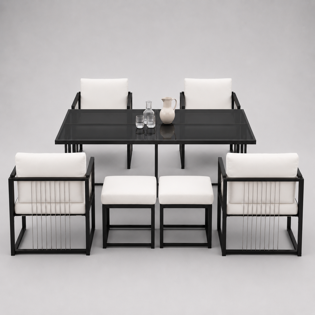 Séville | Ensemble repas 7 pièces, 4 fauteuils cordés et 2 poufs, table verre trempé