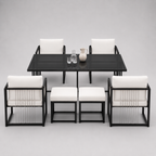 Séville | Ensemble repas 7 pièces, 4 fauteuils cordés et 2 poufs, table verre trempé