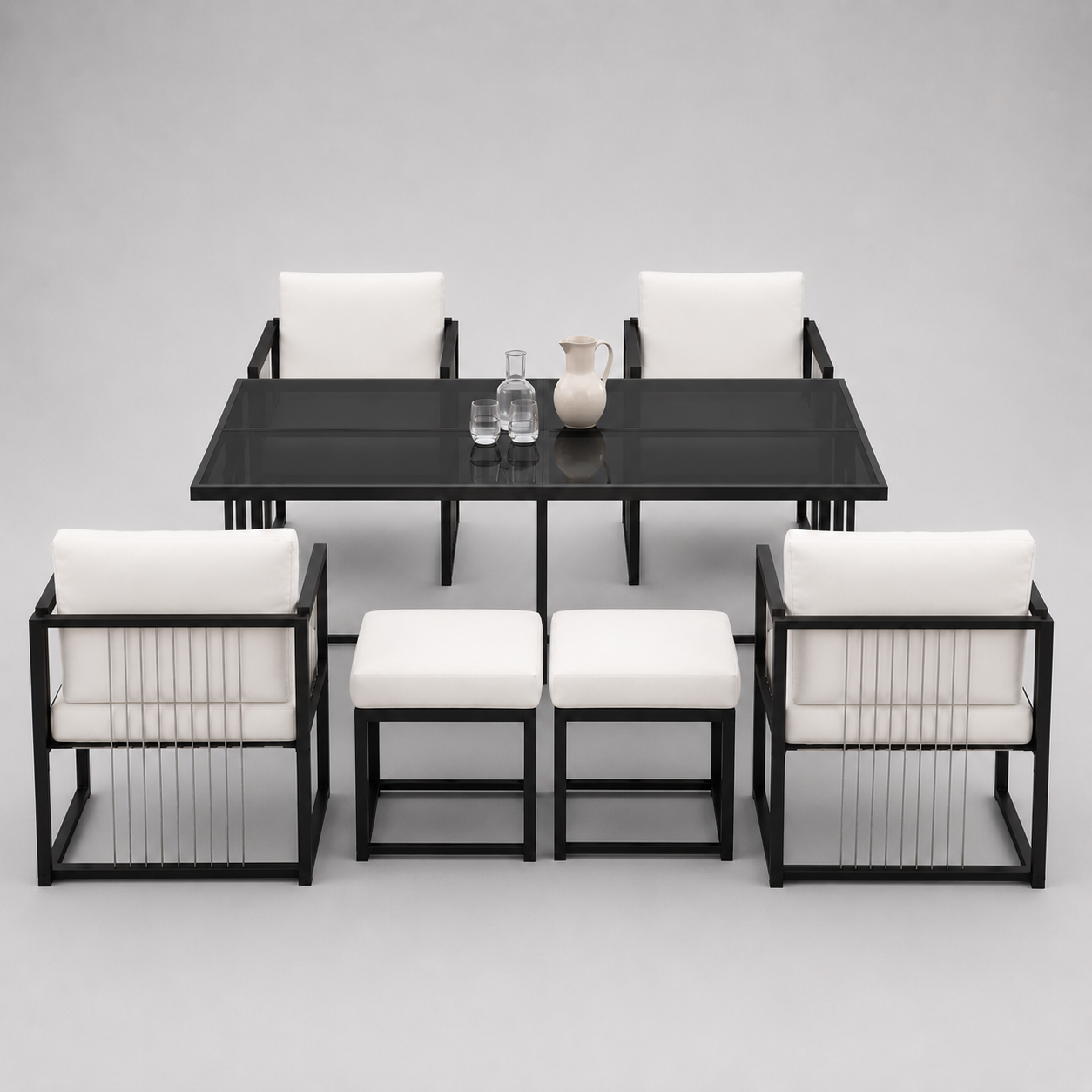 Séville | Ensemble repas 7 pièces, 4 fauteuils cordés et 2 poufs, table verre trempé