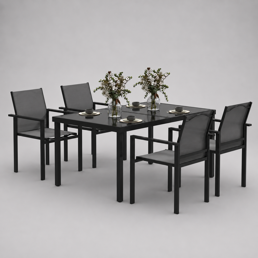 Onyx | Table en verre trempé et 4 chaises empilables, noir