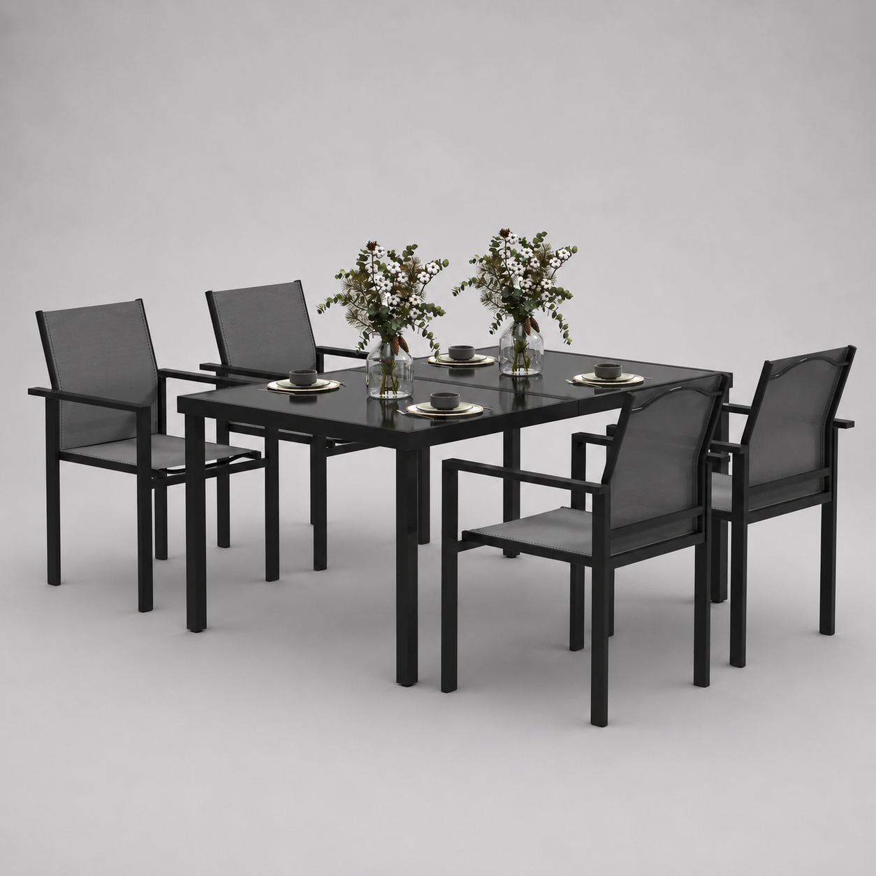 Onyx | Table en verre trempé et 4 chaises empilables, noir
