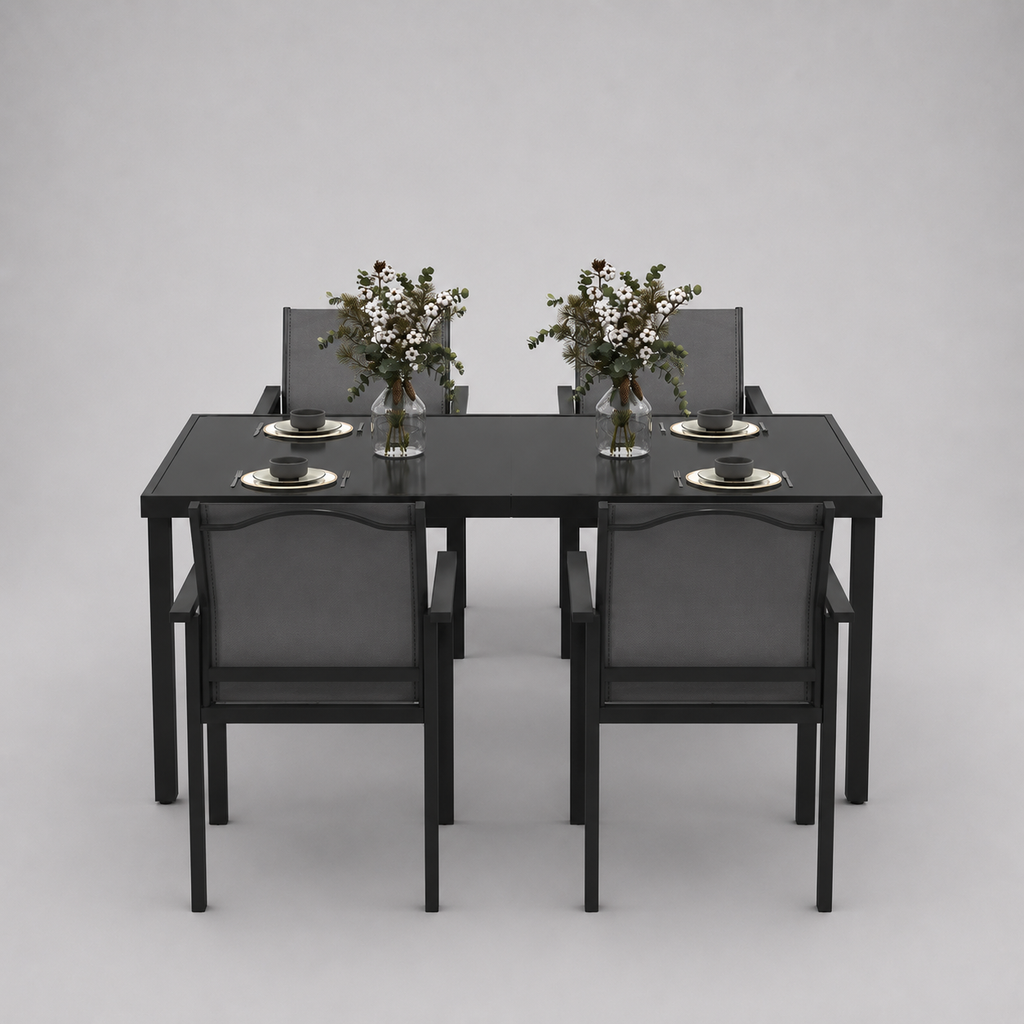 Onyx | Table en verre trempé et 4 chaises empilables, noir
