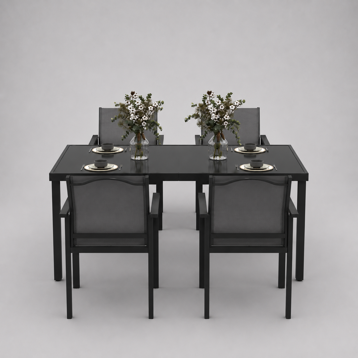 Onyx | Table en verre trempé et 4 chaises empilables, noir