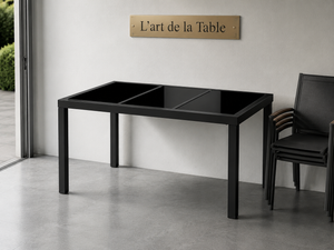 Obsidienne - Table de jardin verre trempé noir, structure acier thermolaqué