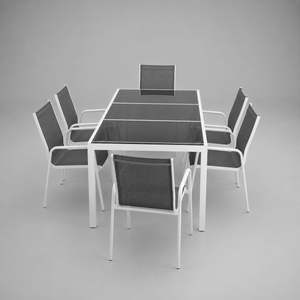 Prestige - Salon de jardin 7 pièces, table en verre trempé et chaises empilables aluminium