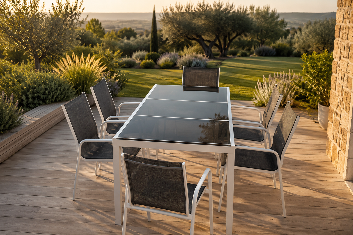 Prestige - Salon de jardin 7 pièces, table en verre trempé et chaises empilables aluminium