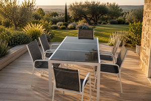 Prestige - Salon de jardin 7 pièces, table en verre trempé et chaises empilables aluminium