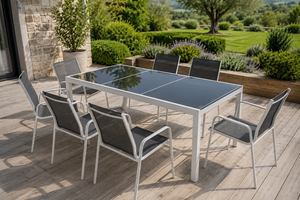 Prestige - Salon de jardin 7 pièces, table en verre trempé et chaises empilables aluminium
