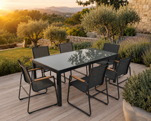Convivio - Salon de jardin 6 personnes, ensemble repas extérieur avec fauteuils ergonomiques