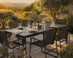 Convivio - Salon de jardin 6 personnes, ensemble repas extérieur avec fauteuils ergonomiques