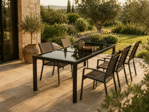 Obsidienne - Table de jardin verre trempé noir, structure acier thermolaqué
