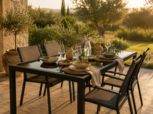 Obsidienne - Table de jardin verre trempé noir, structure acier thermolaqué