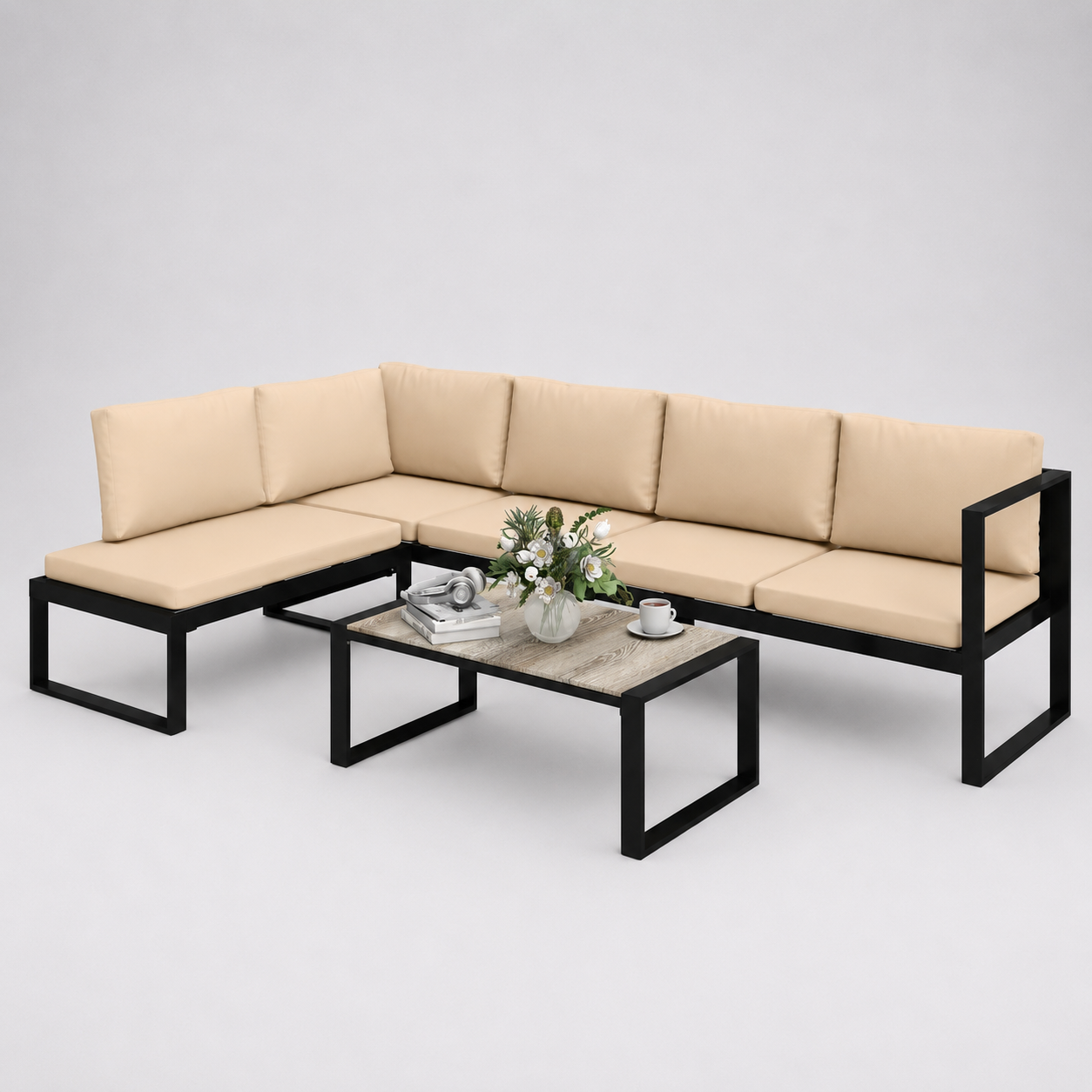 Bahia | Salon de jardin 4 pièces avec table basse effet bois