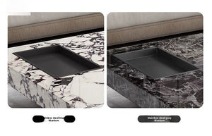 Titan | Table basse en pierre frittée effet marbre, piétement inox, plateau coulissant