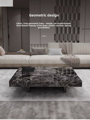 Titan | Table basse en pierre frittée effet marbre, piétement inox, plateau coulissant