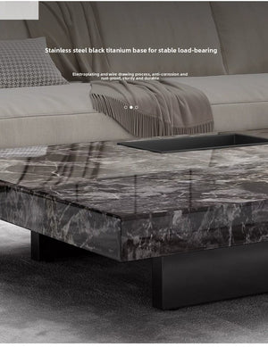 Titan | Table basse en pierre frittée effet marbre, piétement inox, plateau coulissant