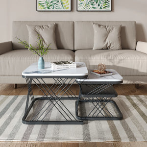 Duo Onyx | Duo de tables basses effet marbre, piétement fer noir et doré