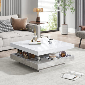 Pivot | Table basse pivotante à double plateau, effet marbre, blanc brillant, 70x70x36 cm