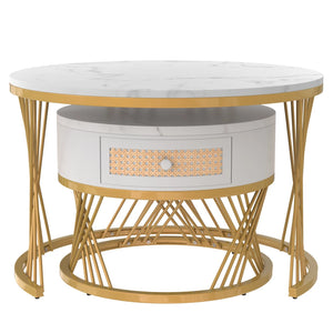 Duo Rotin | Duo de tables basses rondes effet marbre et rotin, tiroirs bois