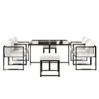 Séville | Ensemble repas 7 pièces, 4 fauteuils cordés et 2 poufs, table verre trempé