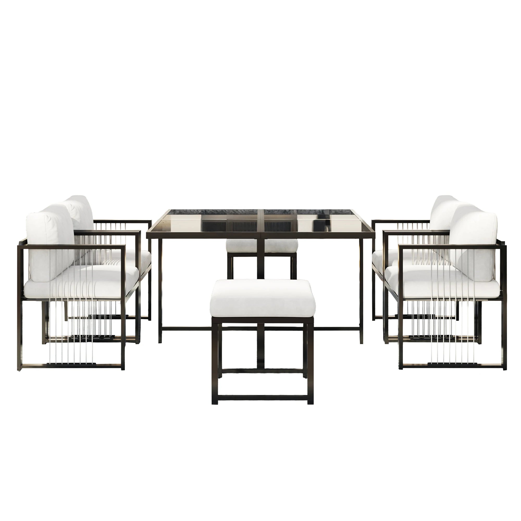 Séville | Ensemble repas 7 pièces, 4 fauteuils cordés et 2 poufs, table verre trempé