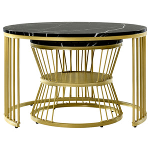 Duo Ébène | Duo de tables gigognes rondes effet marbre, piétement métal noir