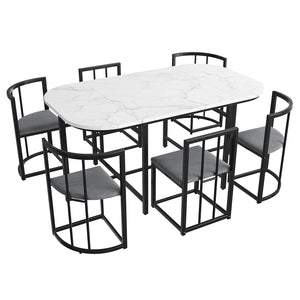 Élégante | Ensemble table blanche et 6 chaises velours gris, structure dorée