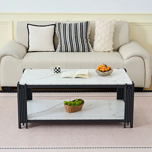 Domino | Table basse rectangulaire bicolore effet marbre, piétement métal, 114x64x46 cm