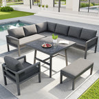 Panorama | Salon de jardin en L pour 8 personnes, coussins gris