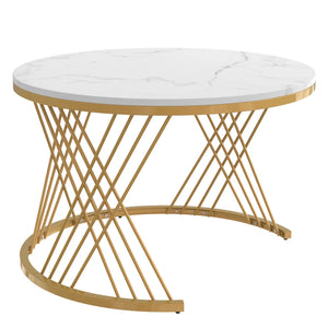 Duo Rotin | Duo de tables basses rondes effet marbre et rotin, tiroirs bois
