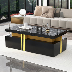 Éclipse | Table basse rectangulaire effet marbre haute brillance, 2 tiroirs bois, 100x50x40 cm
