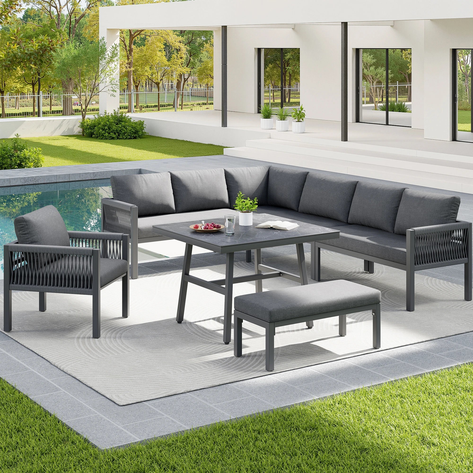 Panorama | Salon de jardin en L pour 8 personnes, coussins gris