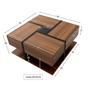 78×78×36cm Black Wood Grain Square Coffee Table with 4 Drawers & Lower Storage Shelf, Particle Board Construction, Max Load 50kg, Unique Color Line Pattern Design