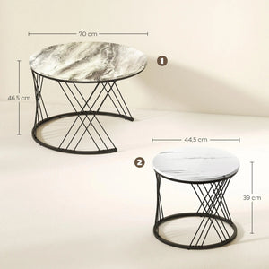 Gris Perle | Duo de mesas de encaixe redondas efeito mármore cinza, pernas de aço