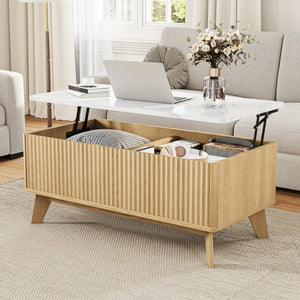 Ascension | Table basse relevable effet marbre et chêne clair, rangement intégré, 105x84x42 cm