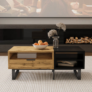 Contraste | Table basse noire et bois avec tiroir et 3 compartiments