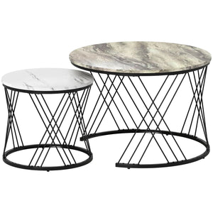 Gris Perle | Duo de mesas de encaixe redondas efeito mármore cinza, pernas de aço