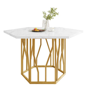 Hexagone | Table basse hexagonale effet marbre, piétement branches dorées