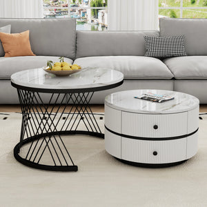 Reflet | Duo de tables gigognes rondes effet marbre brillant, 2 tiroirs