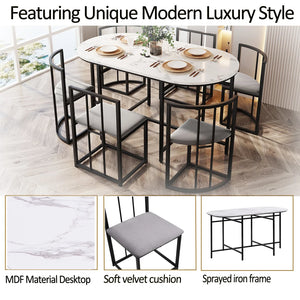Élégante | Ensemble table blanche et 6 chaises velours gris, structure dorée