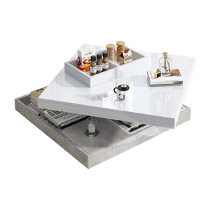 Pivot | Table basse pivotante à double plateau, effet marbre, blanc brillant, 70x70x36 cm
